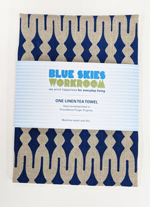 Linen Tea Towel, Carousel in dark blue ink